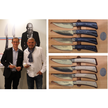 Christian Etchebest et Alexandre Dubost, Salon Maison & Objet, Paris Villepinte, Septembre 2015 Couteaux de table Jean Dubost pour Christian Etchebest manches en Micarta