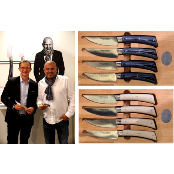 +lumChristian Etchebest et Alexandre Dubost, Salon Maison & Objet, Paris Villepinte, Septembre 2015 Couteaux de table Jean Dubost pour Christian Etchebest manches en Micarta