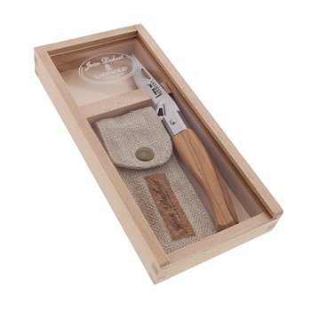 Coffret Jean Dubost Couteau de poche Grand frérot manche bois d'olivier avec étui en lin français upcyclé
