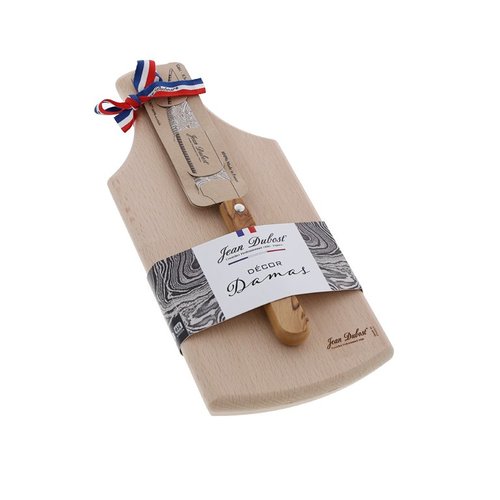 Planche apéritif et couteau Jean Dubost tradition lame décor Damas, manche olivier, made in France