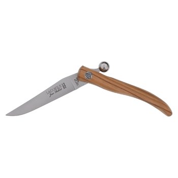 Jean Dubost Laguiole sph&egrave;re couteau de poche manche olivier made in France position semi ouverte